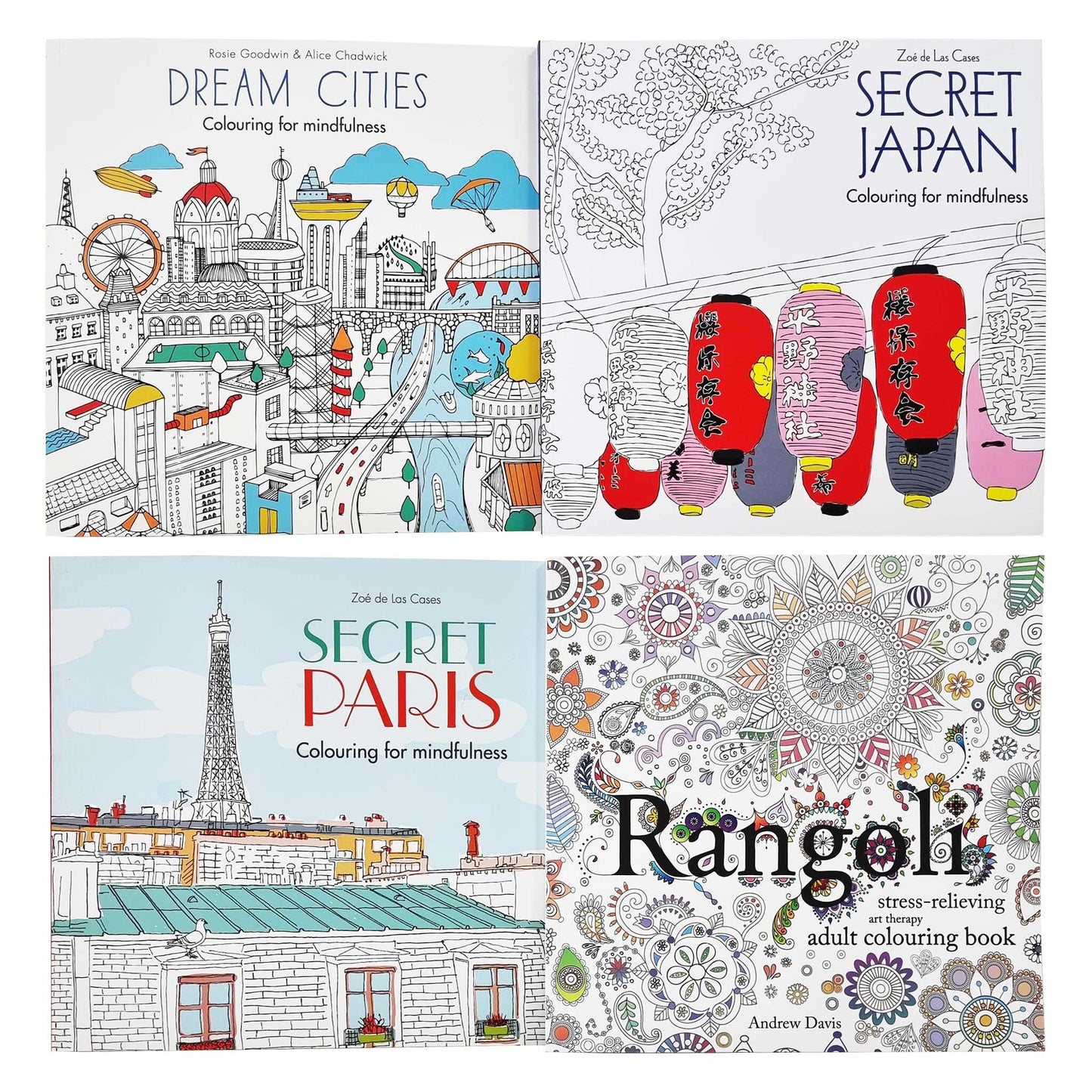 Colouring for Mindfulness 4 Books Collection Set (Rangoli, Secret Paris, Secret Japan & Dream Cities) - Non-Fiction - Paperback